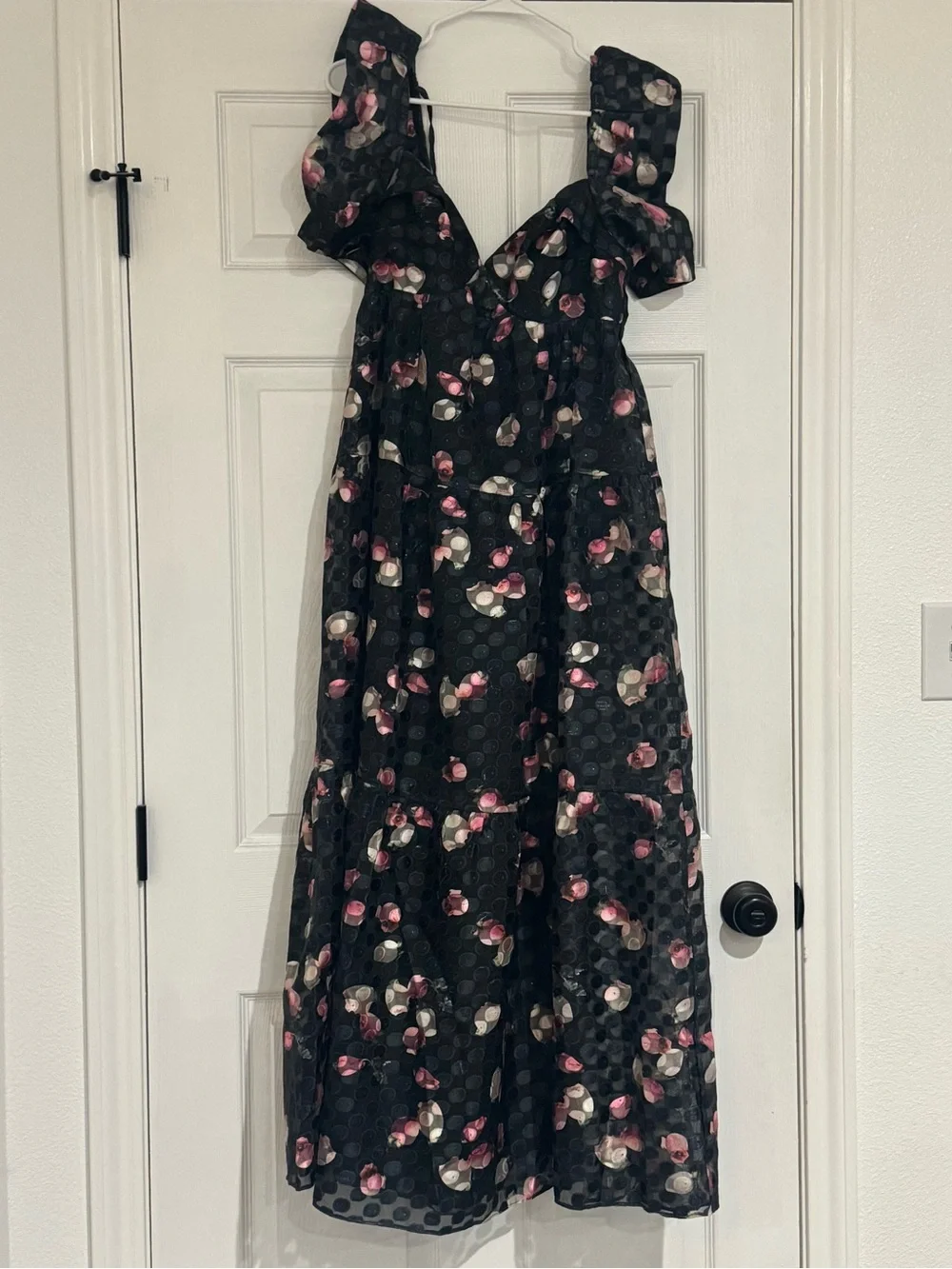 Buddy Love Black Floral Midi Dress with Pink and Cream Flowers